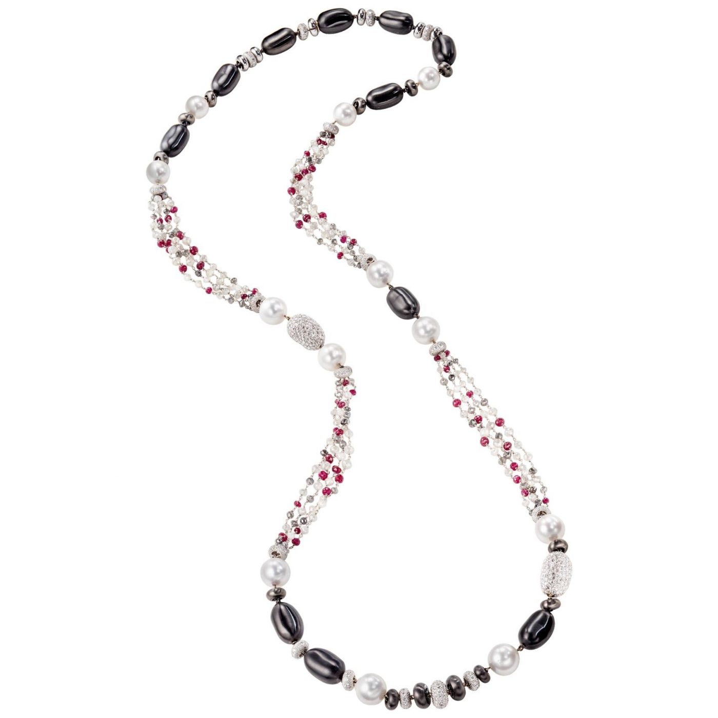 Sabbadini Long Necklace with Pearls, Diamonds and Rubies