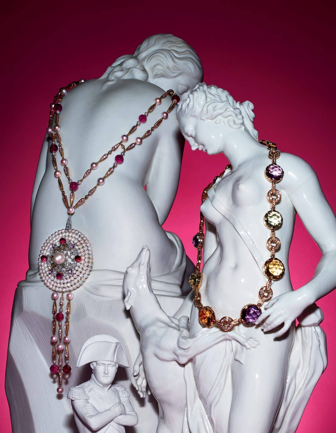 Seidenberg's statues model Chanel and Bulgari jewels in a shoot for Bal Harbour magazine