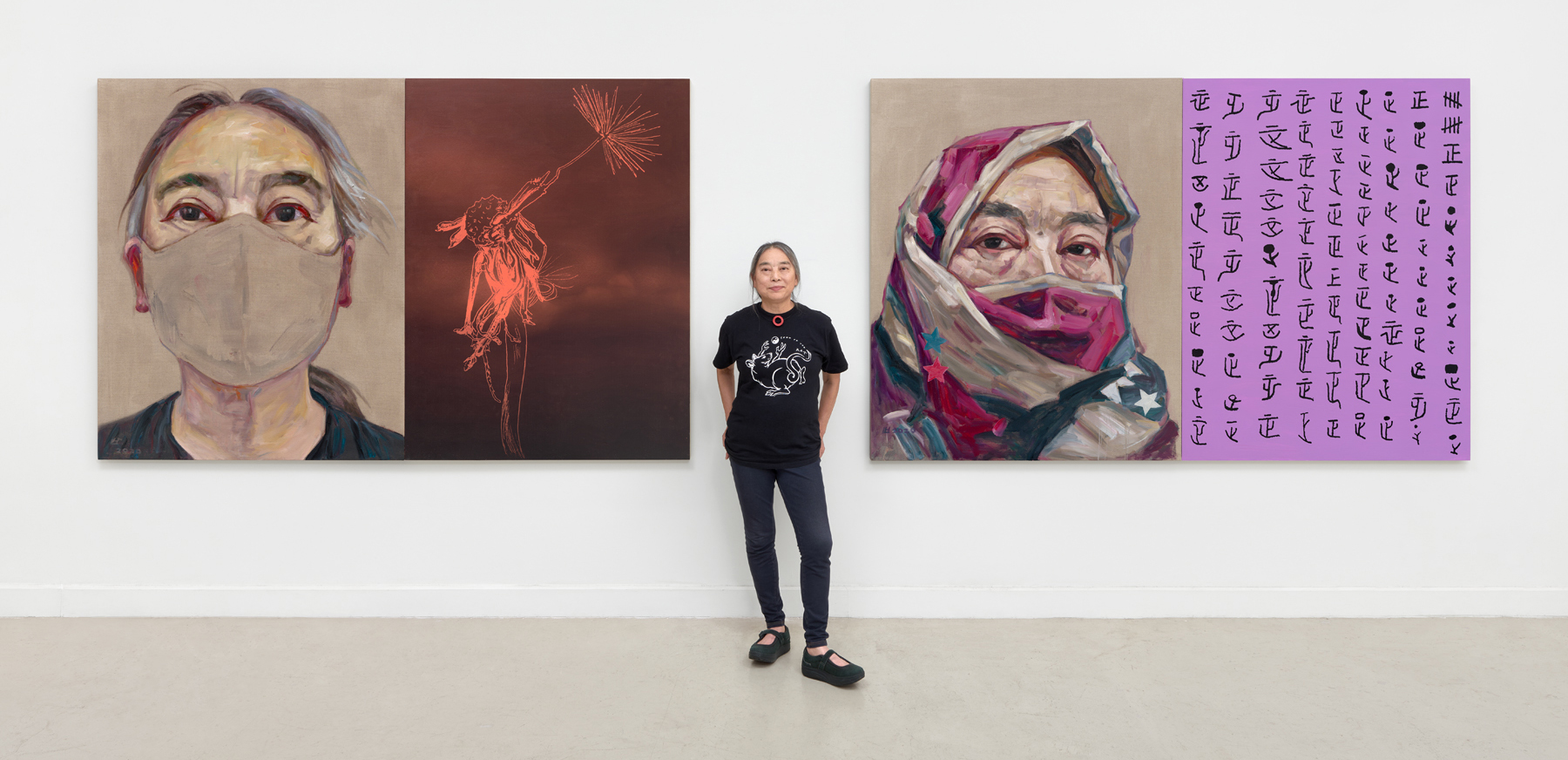 Hung Liu in her studio with the diptych Rat Year, 2020