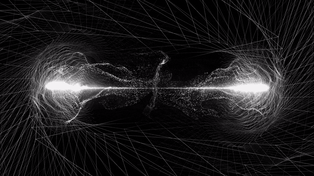 Doubt, 2021, shows two glowing cosmic forms surrounded by a web of fractals, connected by a very thin line, seemingly repelling and attracting one another at once.