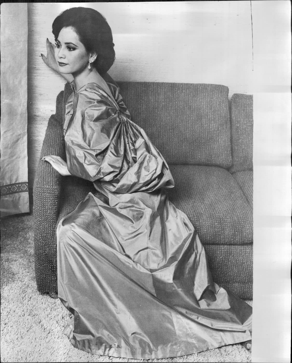 a green silk Madame Grès dress with voluminous sleeves as seen on former first lady of Indonesia Dewi Sukarno