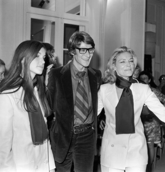 Yves Saint Laurent with actress Lauren Bacall and her daughter Leslie in 1968
