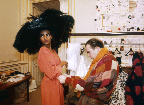 Christian Lacroix with model Khadija Adam Ismail working on the Patou Spring/Summer 1987