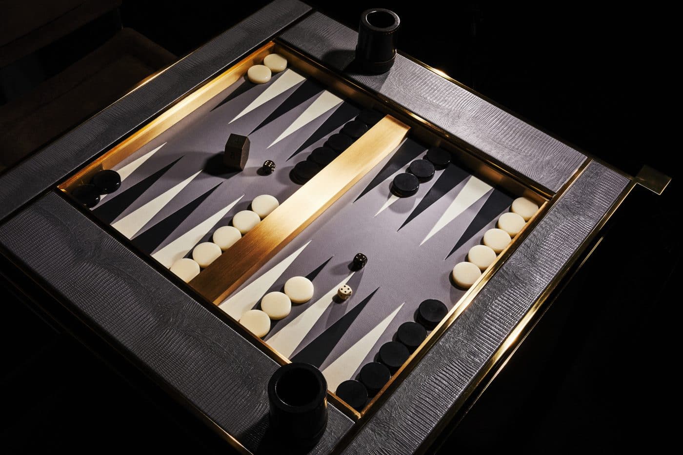 1970s Karl Springer backgammon table from Lobel Modern in embossed leather and brass