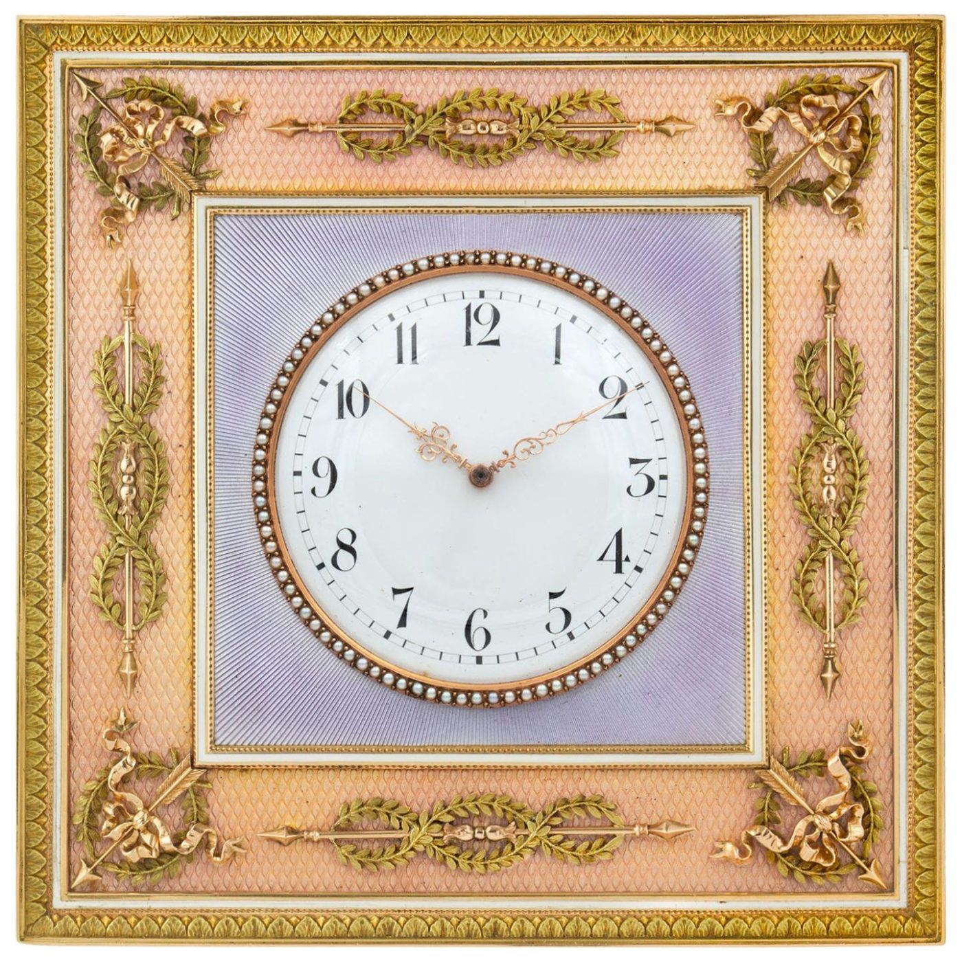FABERGÉ GOLD-MOUNTED GUILLOCHE-ENAMEL DESK CLOCK, 1899–1903
