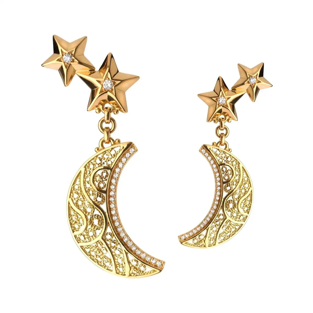 DIAMOND AND FILIGREE CRESCENT MOON AND STARS EARRINGS, 2015