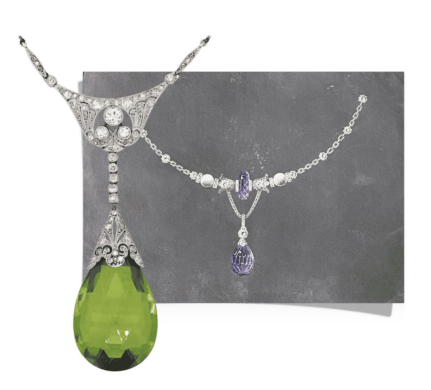 A PERIDOT BRIOLETTE AND DIAMOND NECKLACE, 1910s, and a drawing of a circa-1920 necklace with briollete-cut amethysts and old cut diamonds