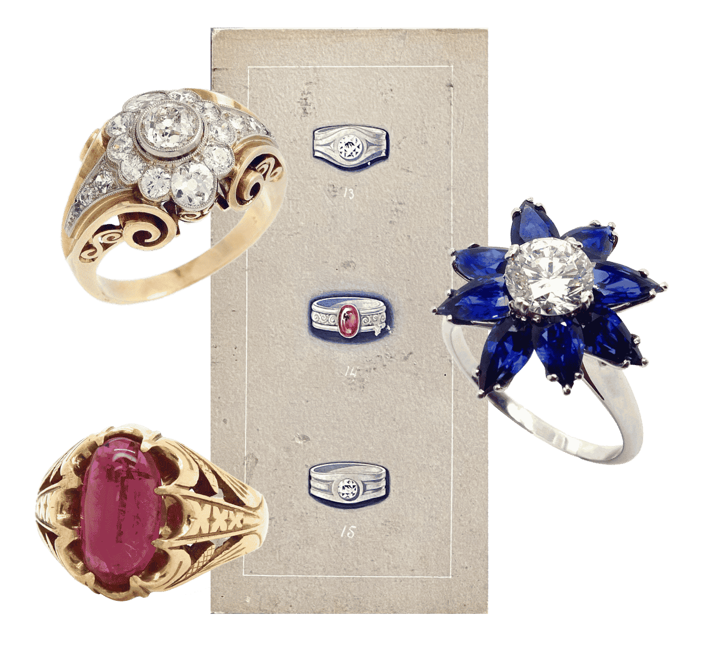 DIAMOND AND GOLD CLUSTER RING, 1940s; DIAMOND AND SAPPHIRE FLOWER COCKTAIL RING BY RENÉ KERN, 1980s; BURMESE STAR RUBY CABOCHON SIGNET RING, 1860s; the drawings depict three rings designed for a clients engagement with old cut diamonds and natural Burma Mogok ruby