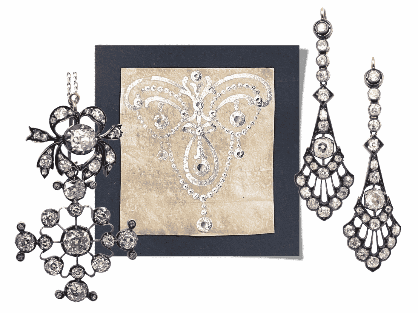 DIAMOND CROSS PENDANT, 1880s; a drawing of a Belle Epoque diamond and platinum pendant with old mine and rose-cut diamonds, ca. 1900; LONG OLD MINE-CUT DIAMOND EARRINGS, 1890s