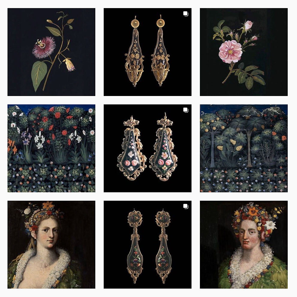 Another block from the Instagram feed of @mypendeloque, this one showing three pairs of French enamel earrings from ca. 1850 accompanied by paintings of Mary Delaney and Giuseppe Arcimboldo as well as two details from the manuscript Carmina Regia by Convenevole da Prato, 1335/1340
