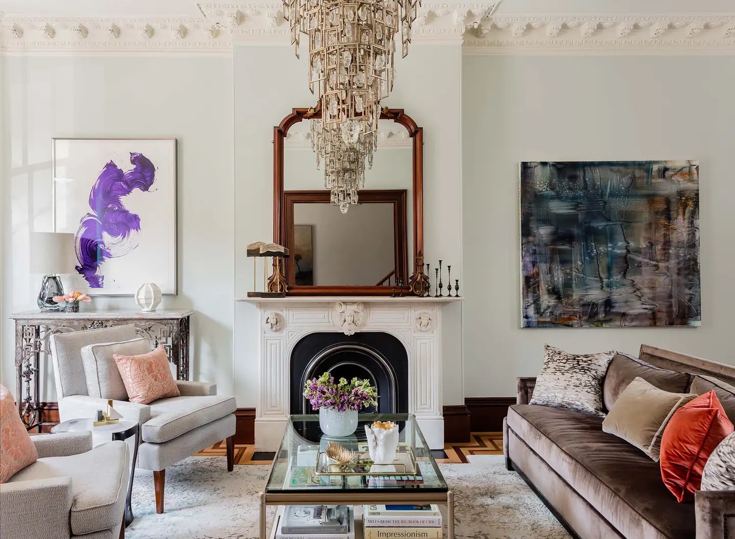 West Brookline living room designed by Elms Interior Design