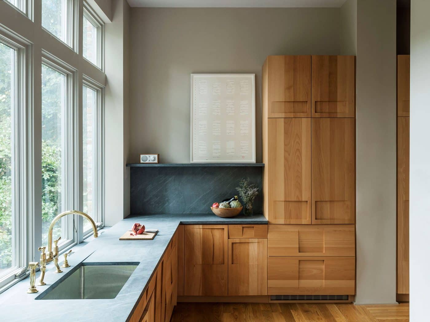 Workstead designed the kitchen in the Boerum Hill home to have unique qooden cabinets