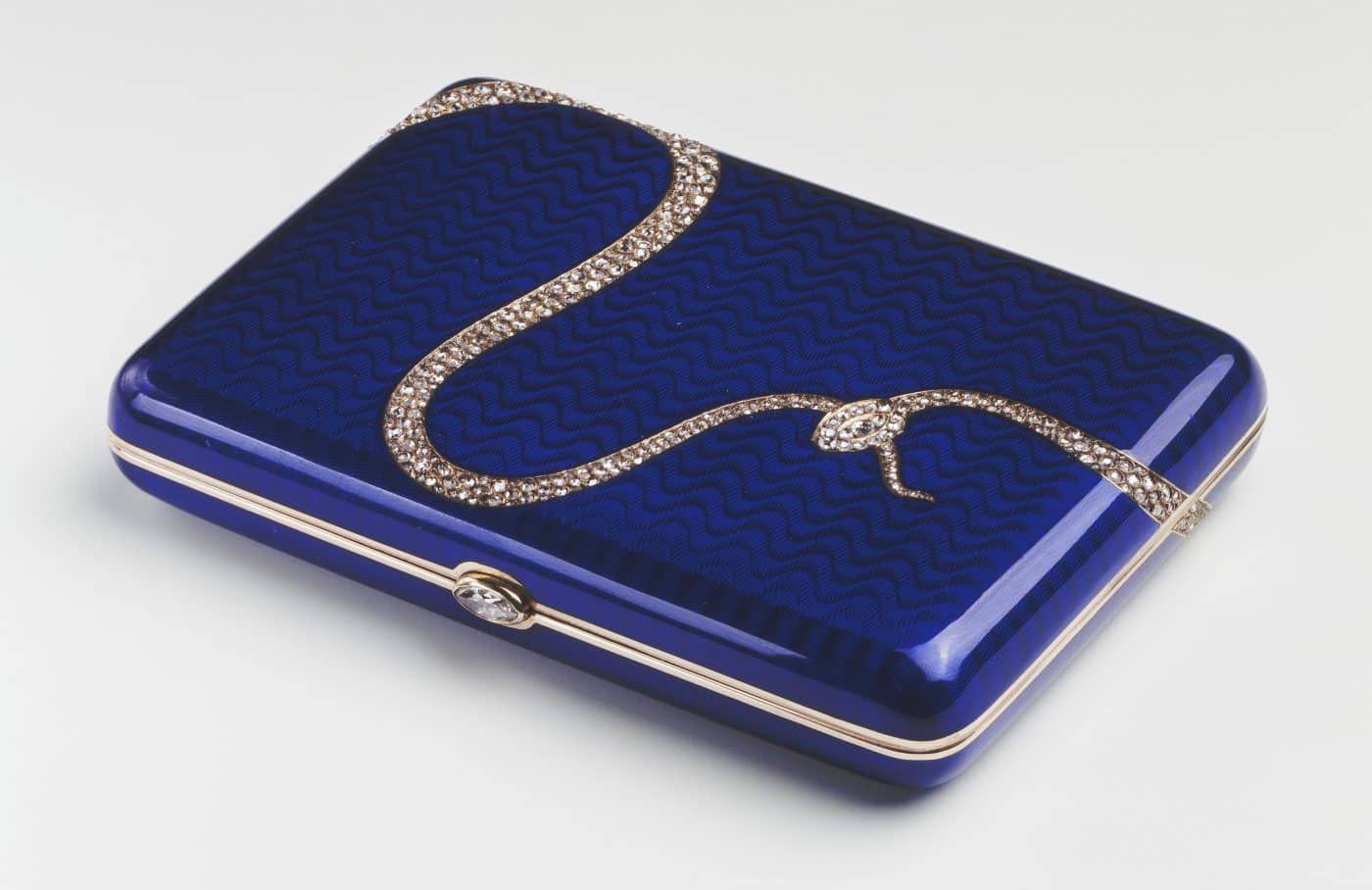 Fabergé blue enamel cigarette case with diamond serpent
