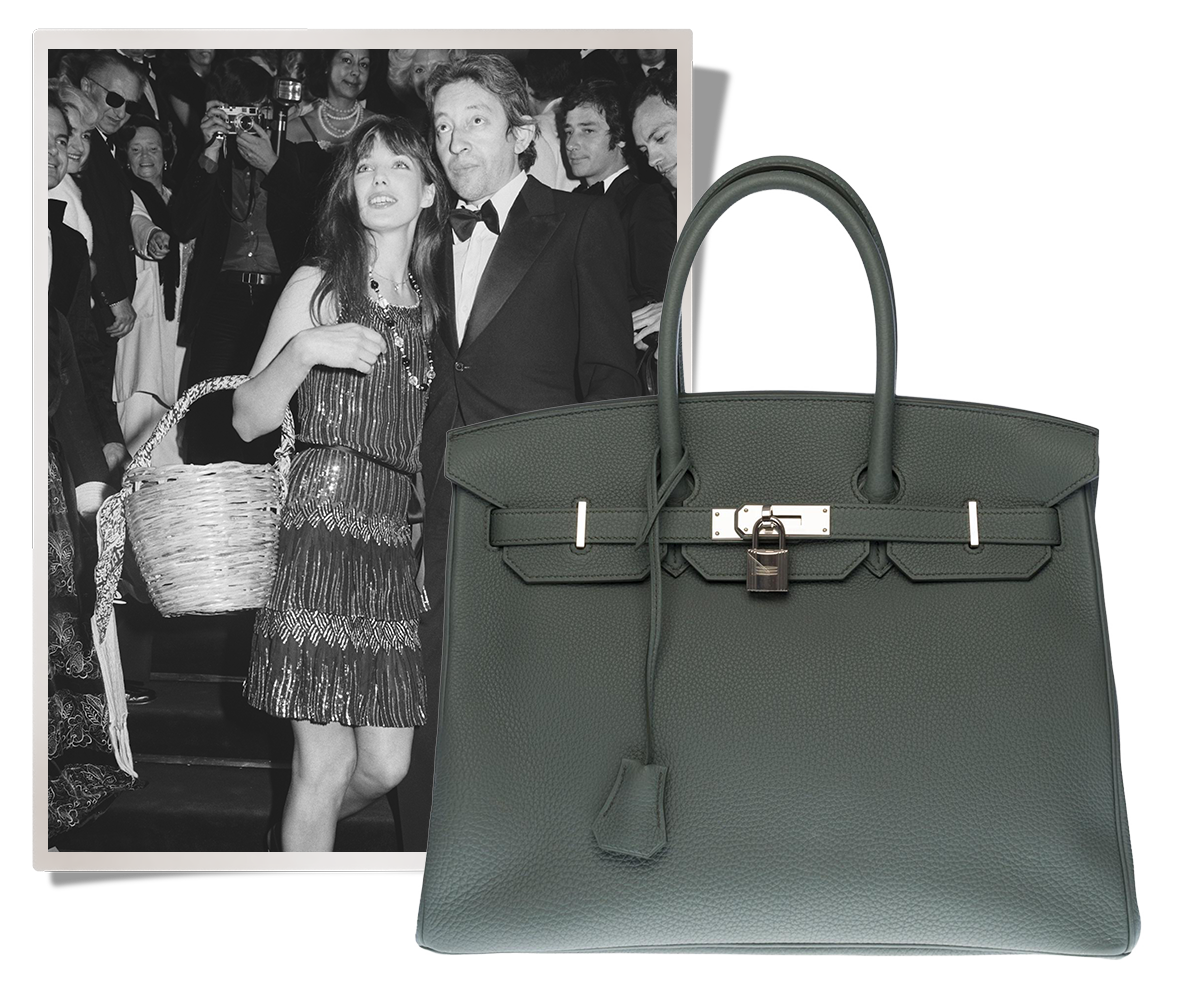 Left: Jane Birkin, seen here with Serge Gainsbourg, carried a basket to the 1974 Cannes Film Festival. Right: HERMÈS BIRKIN 35 HANDBAG IN VERT AMANDE TOGO LEATHER WITH SILVER HARDWARE, 21ST CENTURY 