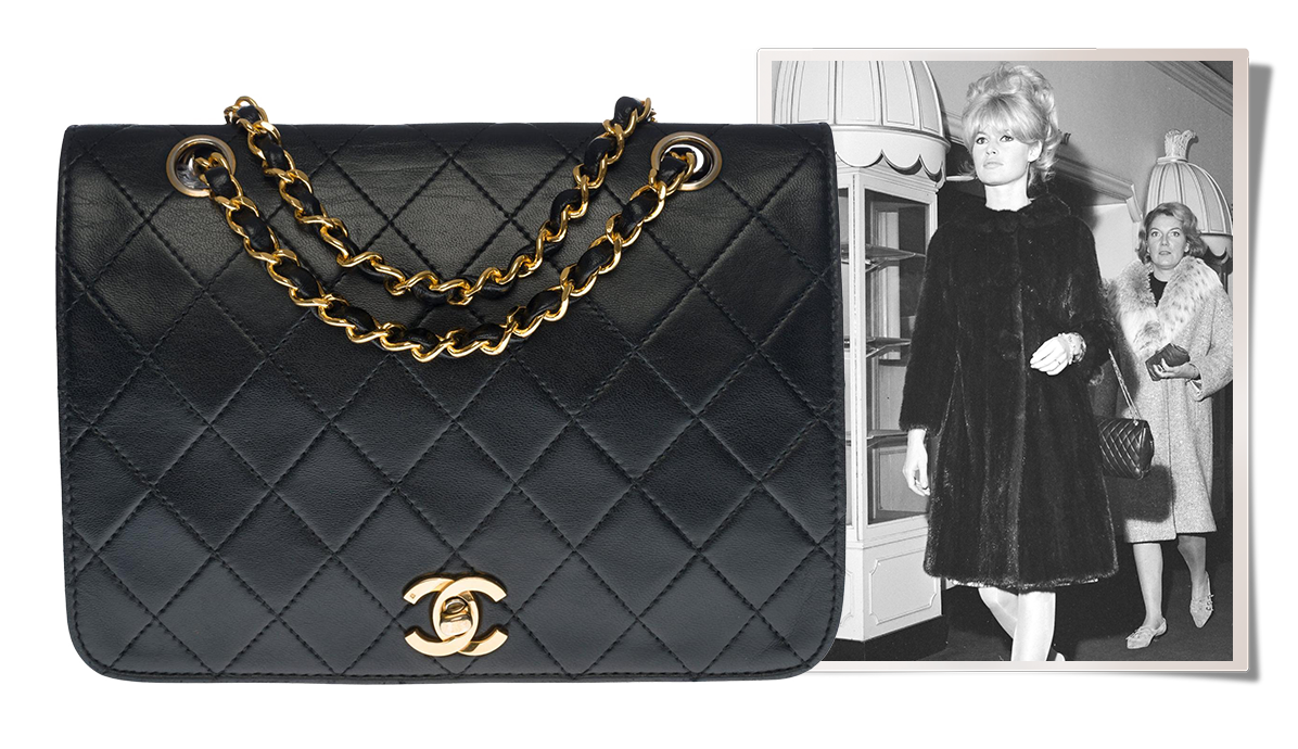 Left: CHANEL CLASSIC FULL FLAP SHOULDER BAG IN BLACK QUILTED LEATHER, 21ST CENTURY. Right: Brigitte Bardot , carrying a quilted Chanel bag, pictured in London on October 24, 1963