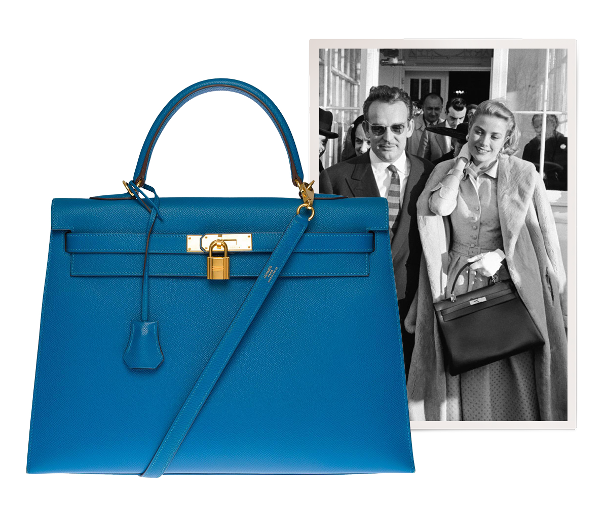 Left: Hermès Kelly 35 sellier strap in Blue Mykonos Epsom leather. Right: Prince Ranier with Grace Kelly, clutching an Hermes bag, at the announcement of their engagement in Philadelphia, 1956. 