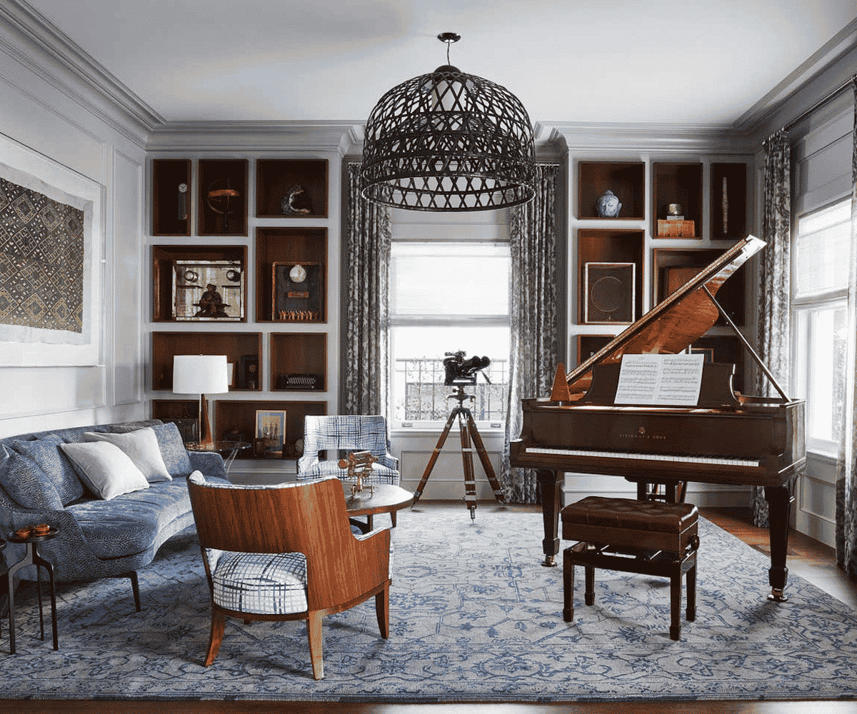 blue living room with grand piano by Tineke Triggs