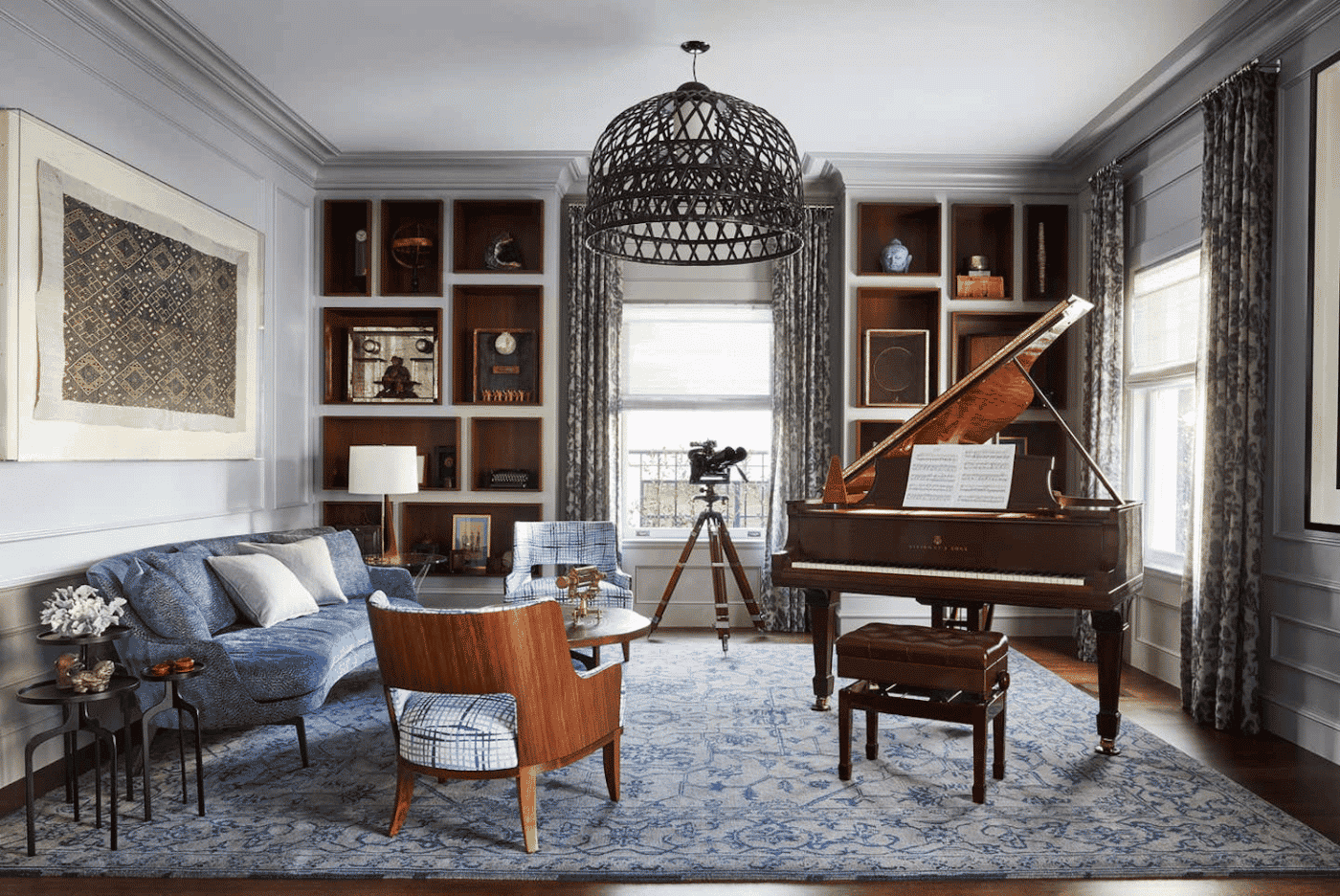 blue living room with grand piano by Tineke Triggs