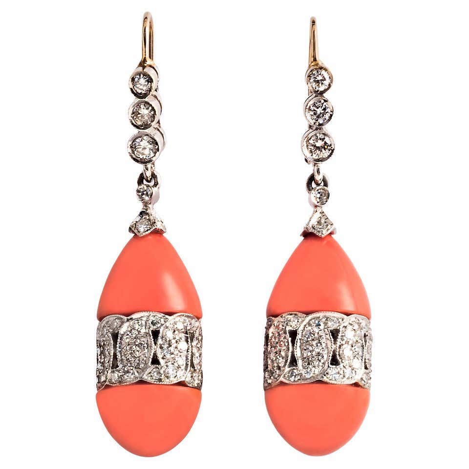 Tiffany & Co. Coral and Diamond Earrings, 20th century