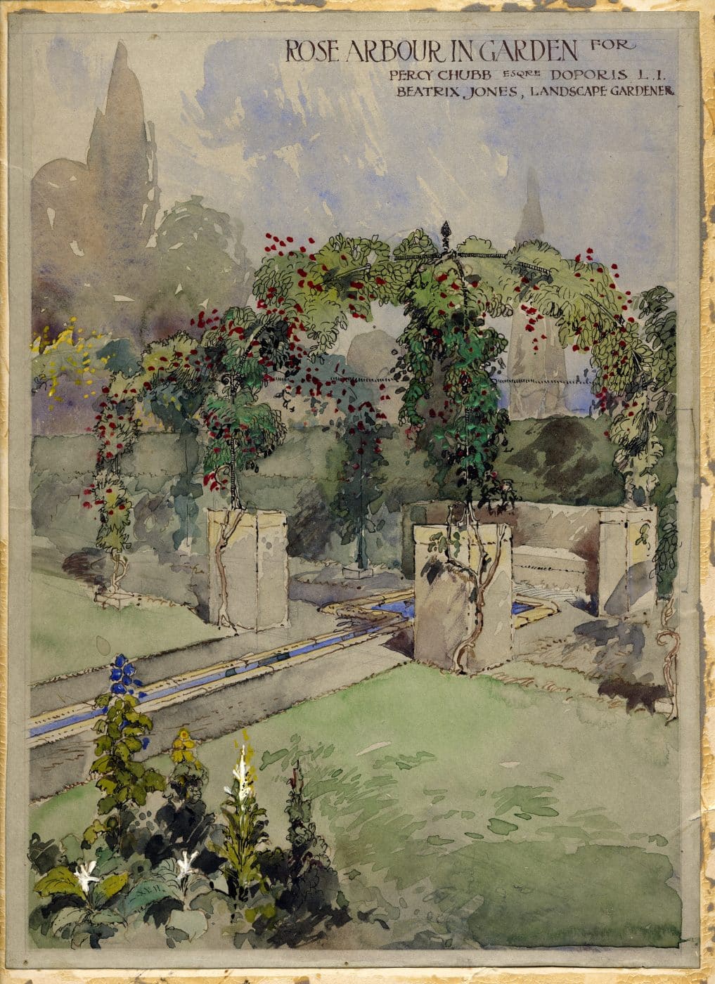A rendering of a rose arbor and water rill in the Percy Chubb garden in Glen Cove, New York, around 1900