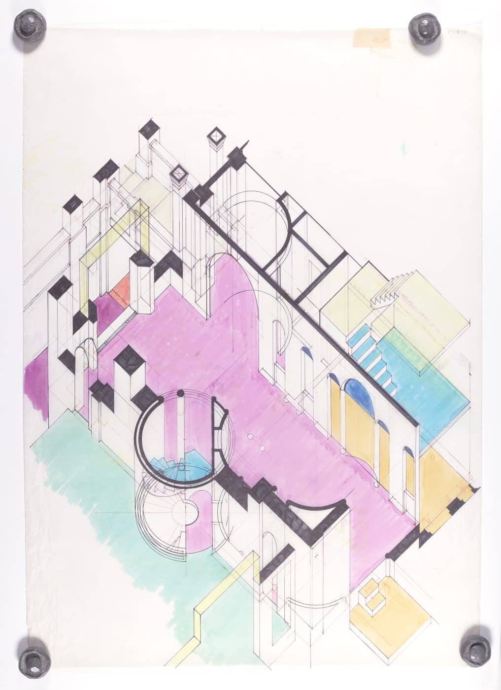 A colorful drawing of Farrell’s depicting the house’s ground floor