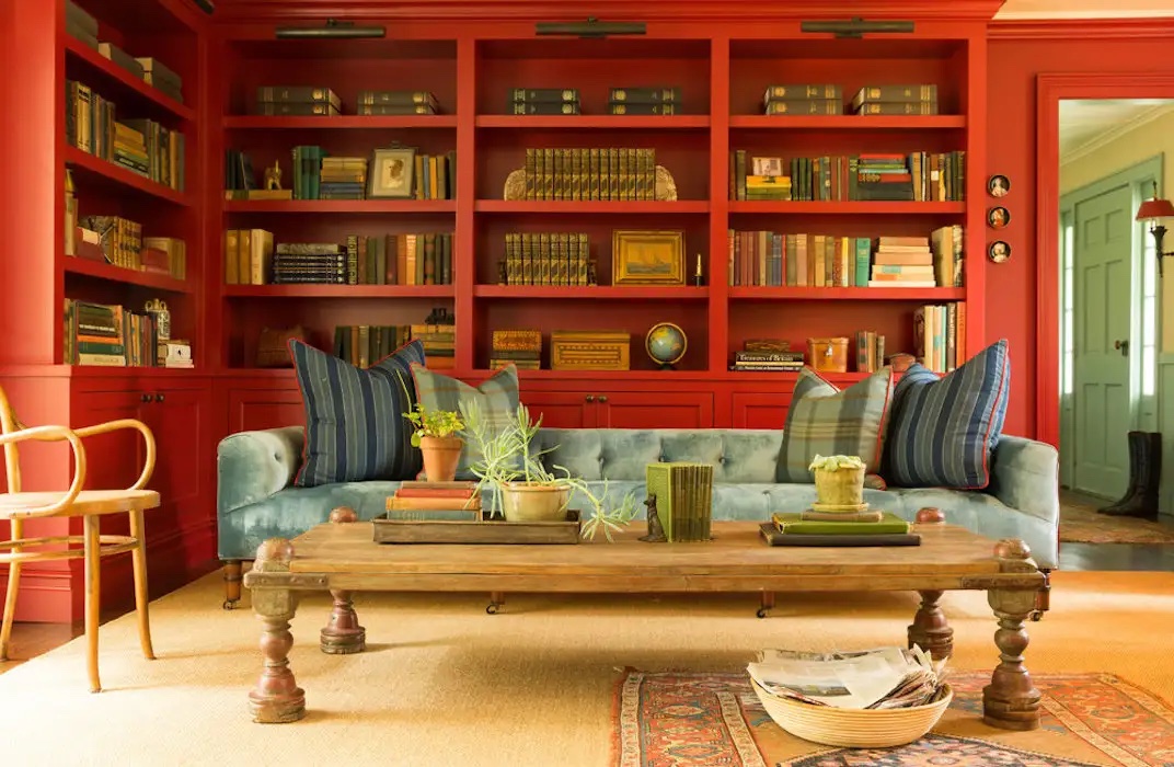 Red study of a home in Southold, New York, designed by Wiggins