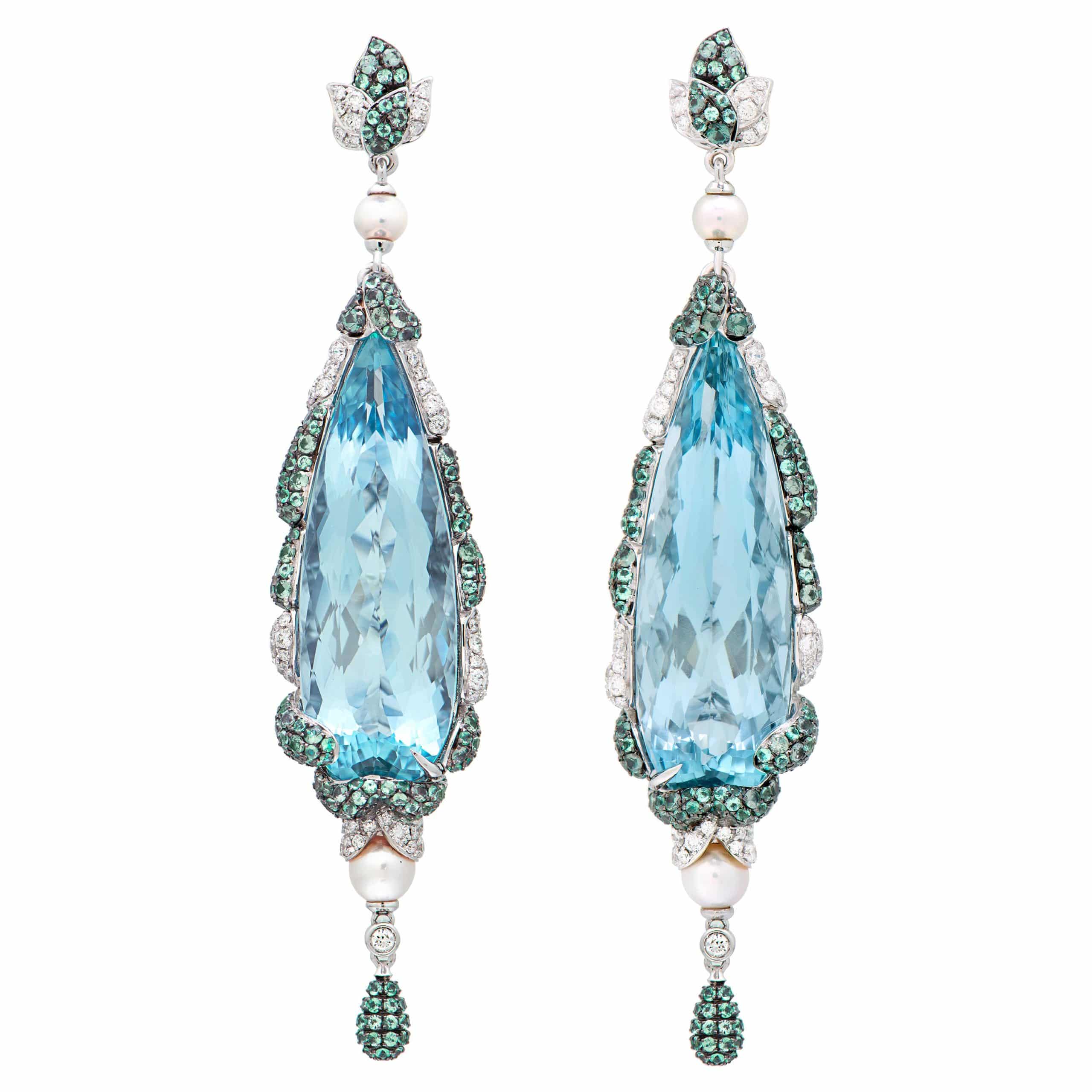 Sunita Nahata 44.1 Carat Aquamarine Earrings in 18 Karat White Gold with Paraiba & Alexandrite