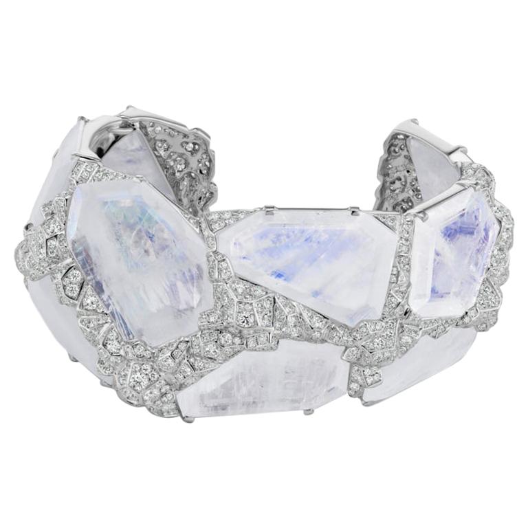  Aialik Cuff Bracelet with Blue Moonstones and Diamonds Set in White gold, 2018