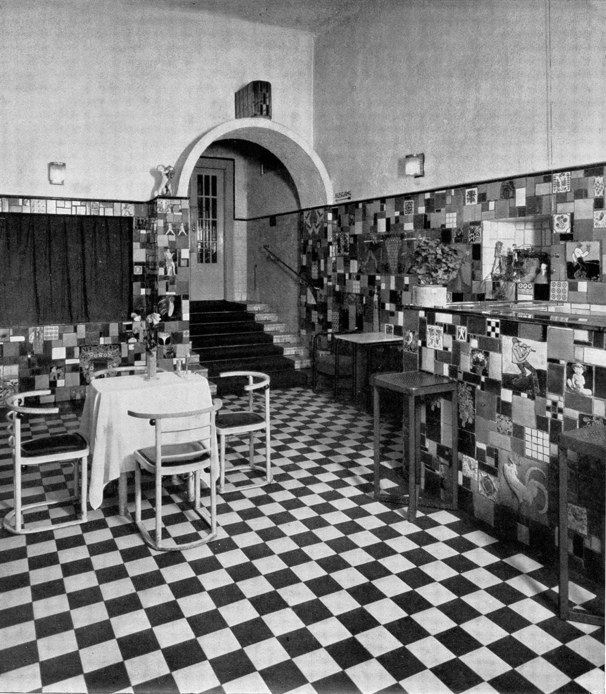 The bar at the Cabaret Fledermaus, with an interior design collaboration from Hoffmann, Gustav Klimt and Oskar Kokoschka