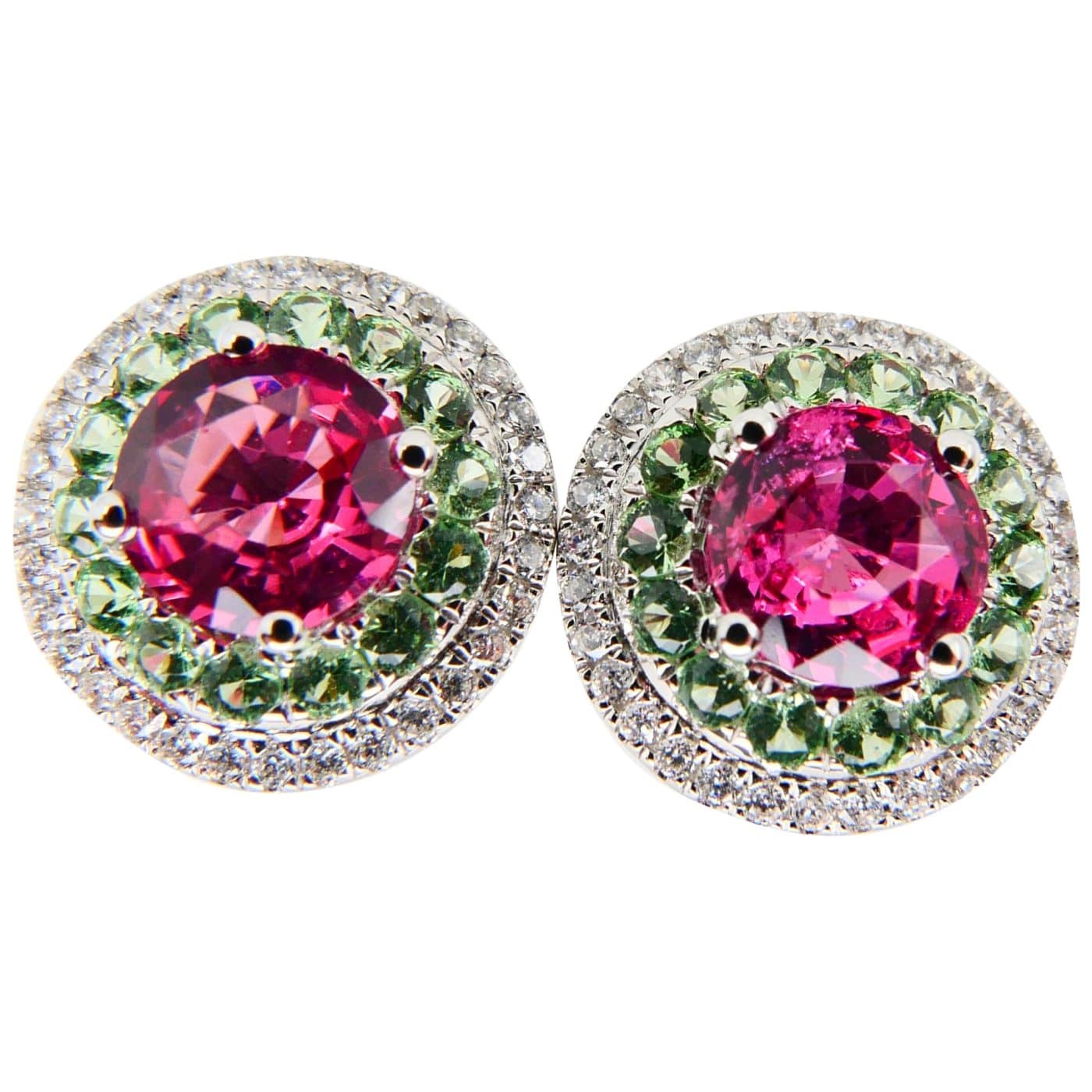1.53 Carat Vivid Neon Pink Spinel Peridot and Diamond Earrings