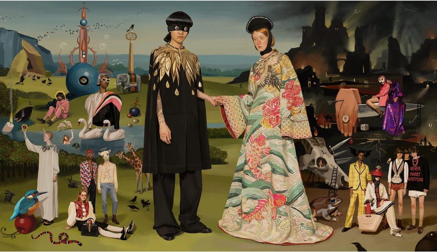 Gucci commissioned Ignasi Monreal to create "Hallucination," a hand-painted ad campaign based on iconic works from art history, including Hieronymus Bosch’s Garden of Earthly Pleasures (1490–1510)