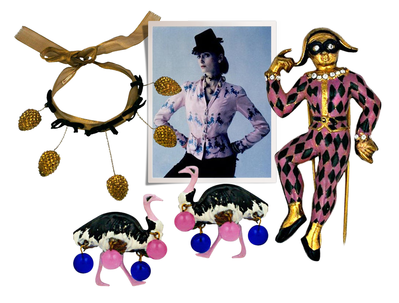 A collage of costume jewelry Schlumberger created for fashion designer Elsa Schiaparelli that includes the Pine Cone necklace, 1939, modeled in a Cecil Beaton photo from the late 1960s; the Harlequin brooch, 1930; and ostrich clips, 1938