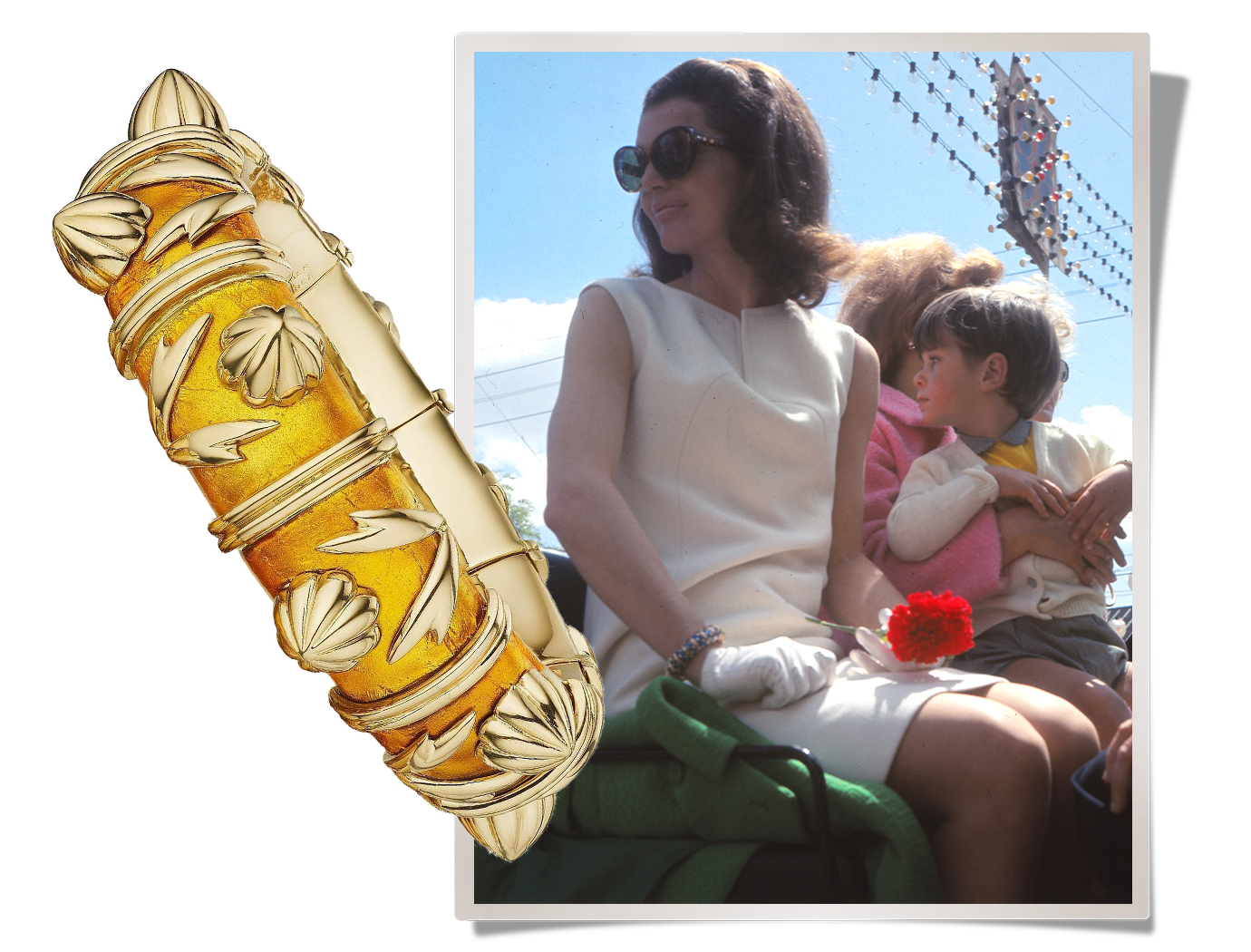 A Jean Schlumberger for Tiffany & Co. pailloné enamel gold cone bangle and a 1966 photo of Jacqueline Kennedy wearing an enamel Schlumberger bracelet