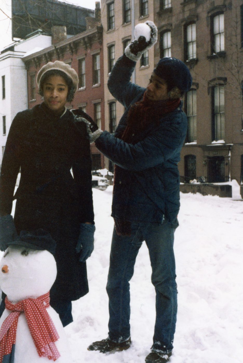 Lisane and Jean-Michel in a snowball fight, Boerum Hill, Brooklyn, ca. 1976