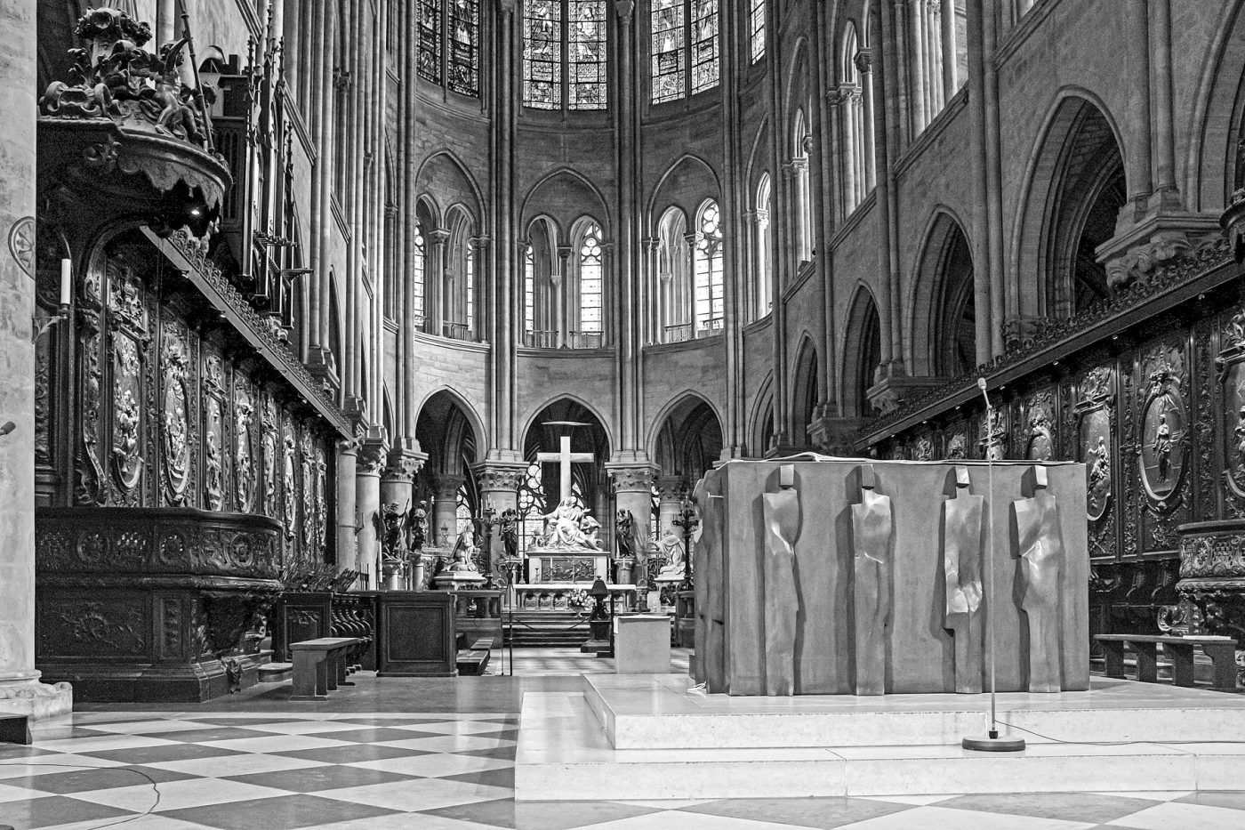 Paris's Notre-Dame Cathedral featuring an altar created by touret in 1989