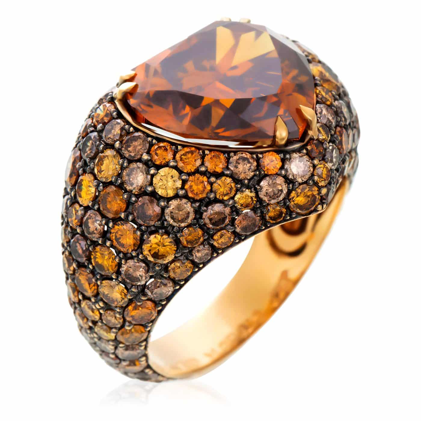 GIA-certified 7.08-carat fancy orange-brown heart-shaped diamond cocktail ring
