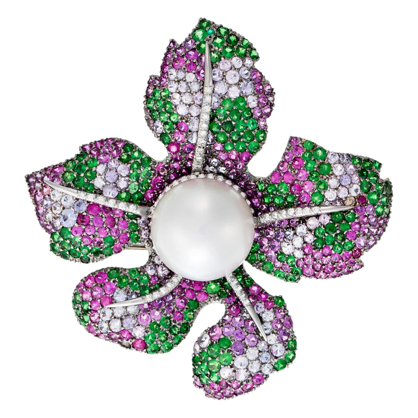 Multicolor sapphire, tsavorite, diamond and pearl flower brooch
