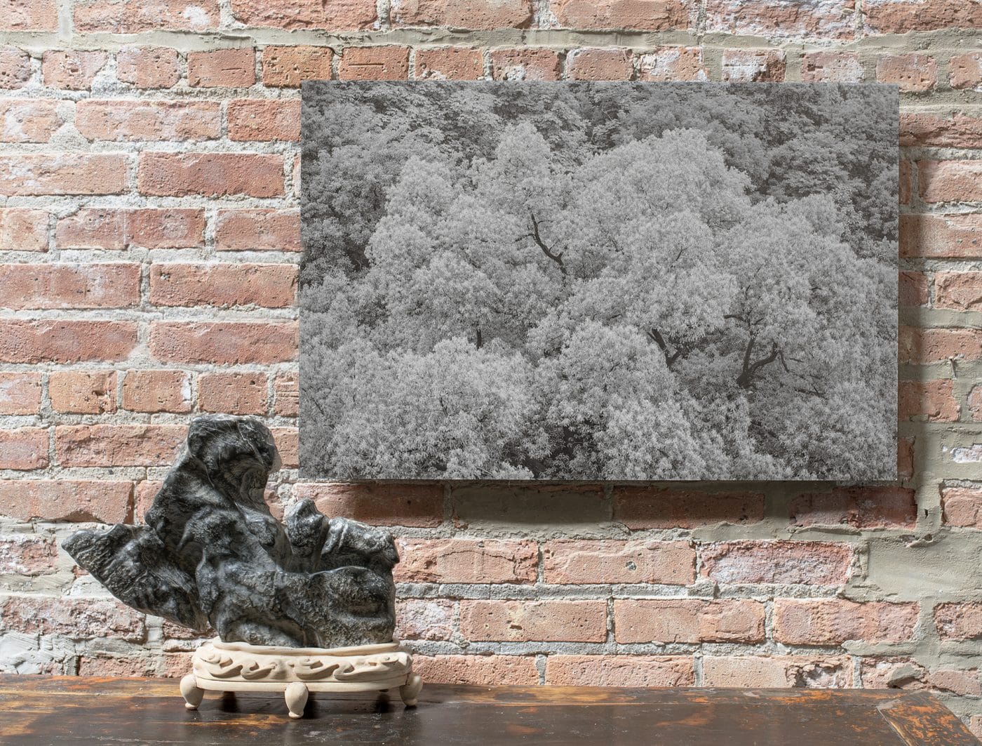 A "Winged Guardian" Lingbi scholar's rock stands in front of Hupao (2015) by Chinese contemporary fine-art photographer Taca Sui
