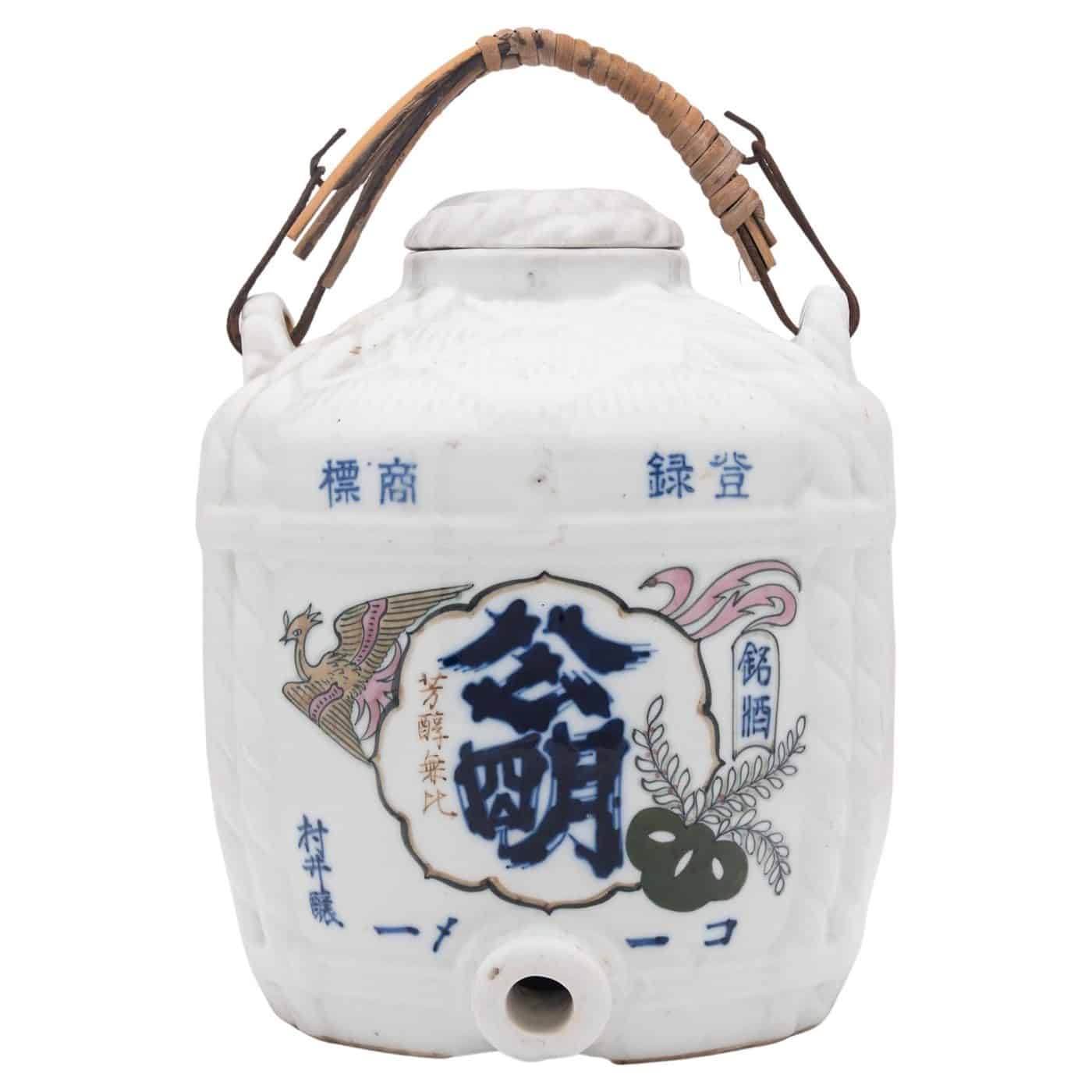 A Japanese blue-and-white sake cask