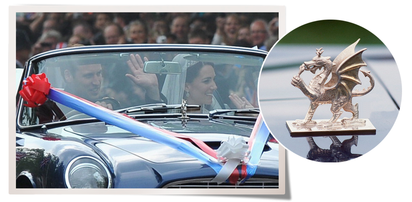 Prince William and Kate Middleton in an Aston Martin that featured a dragon-shaped golden hood ornament that David Morris was commissioned to make for Prince Charles' 21st birthday.