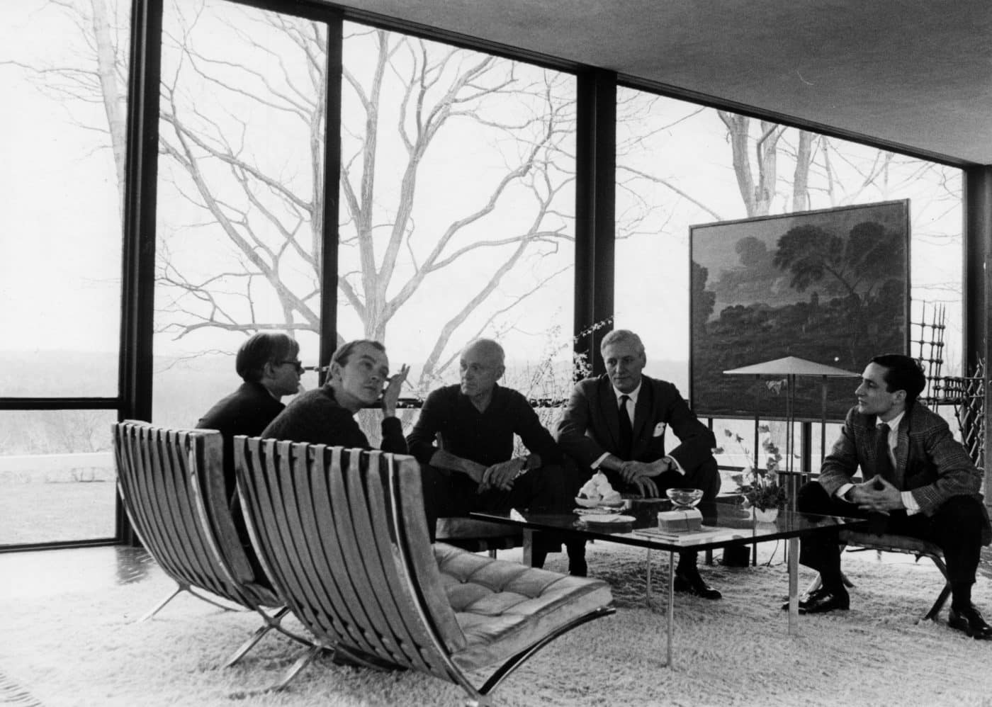 Stern sits with Andy Warhol, Philip Johnson, David Whitney, and John Dalton