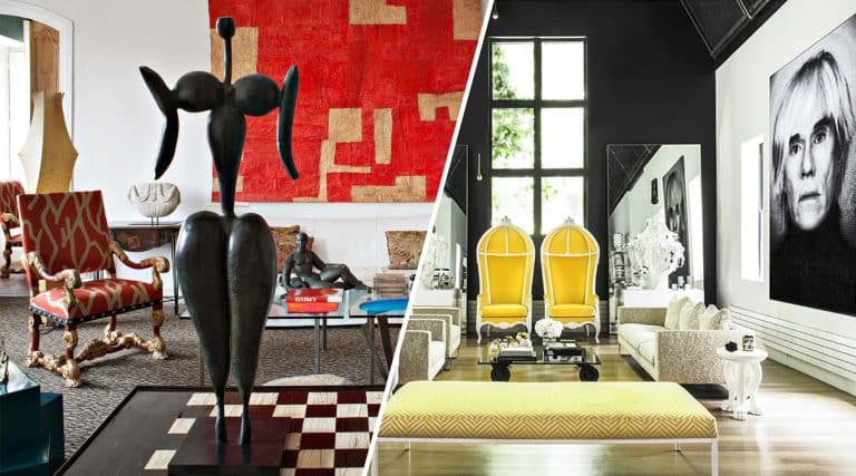 Side-by-side image of a global-themed living room with a red wall hanging and large bronze sculpture next to a glamorous living room with yellow porter's chairs and a large-scale portrait of Andy Warhol