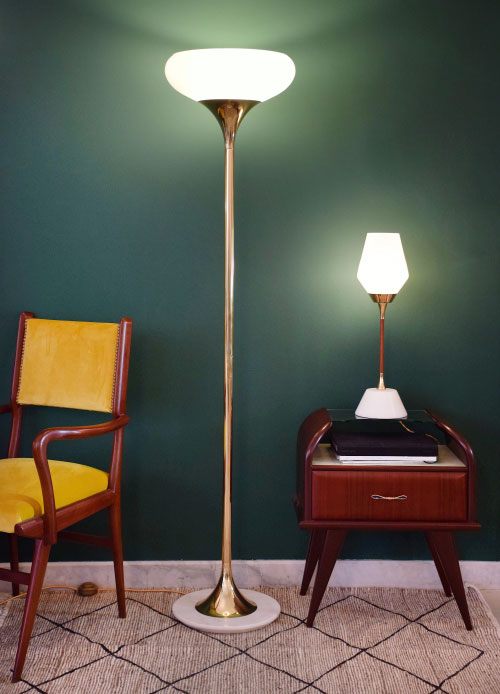 A 1950s Italian chair, a JAS PALA-F1 floor lamp and a table with an Ido-t1 lamp