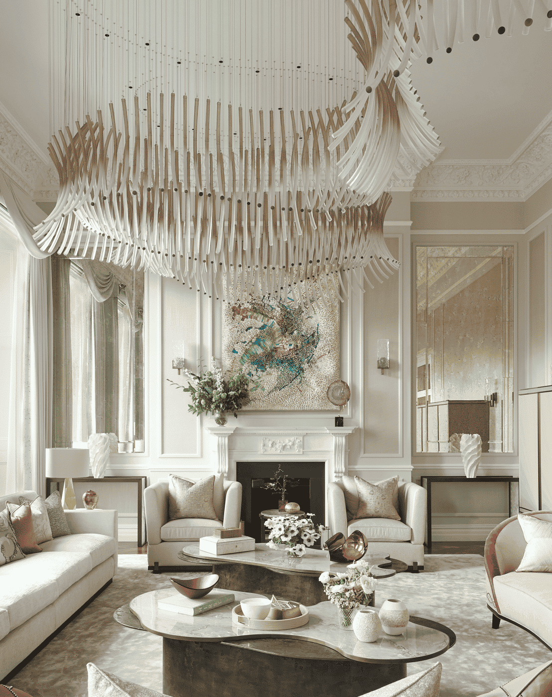 neutral-toned living room with large chandelier by Katharine Pooley