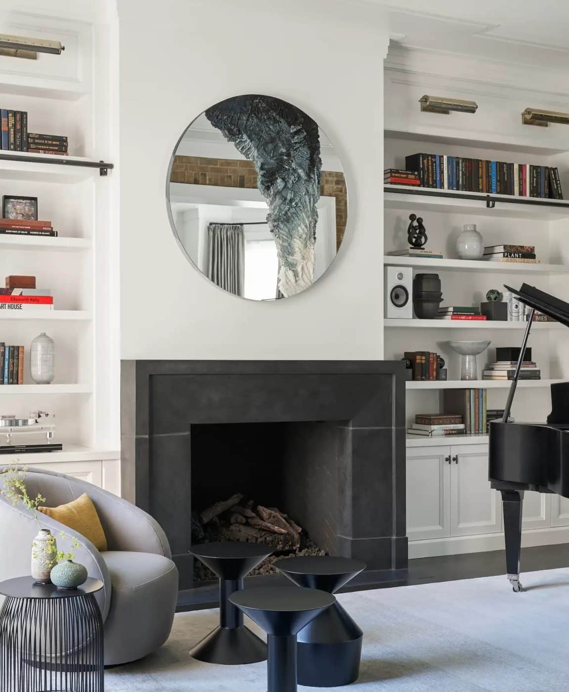 The library and music room of a house in Chicago's Lincoln Park designed by Studio Gild