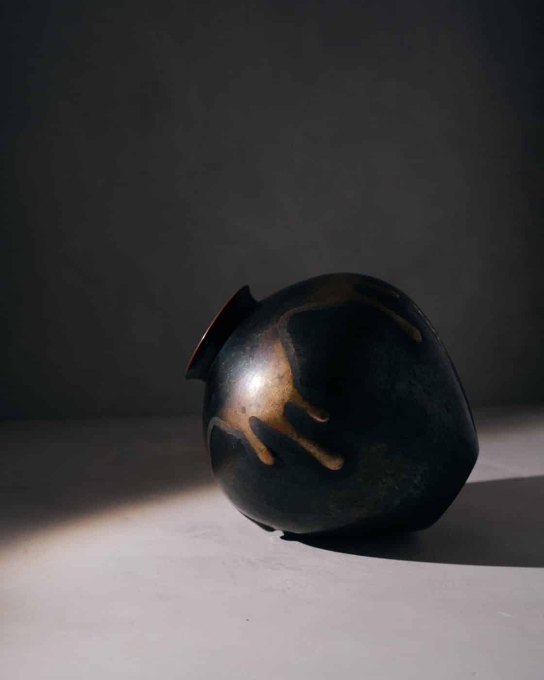 Dark, drip-glaze cast-copper vase by Japanese maker Gyokusendo