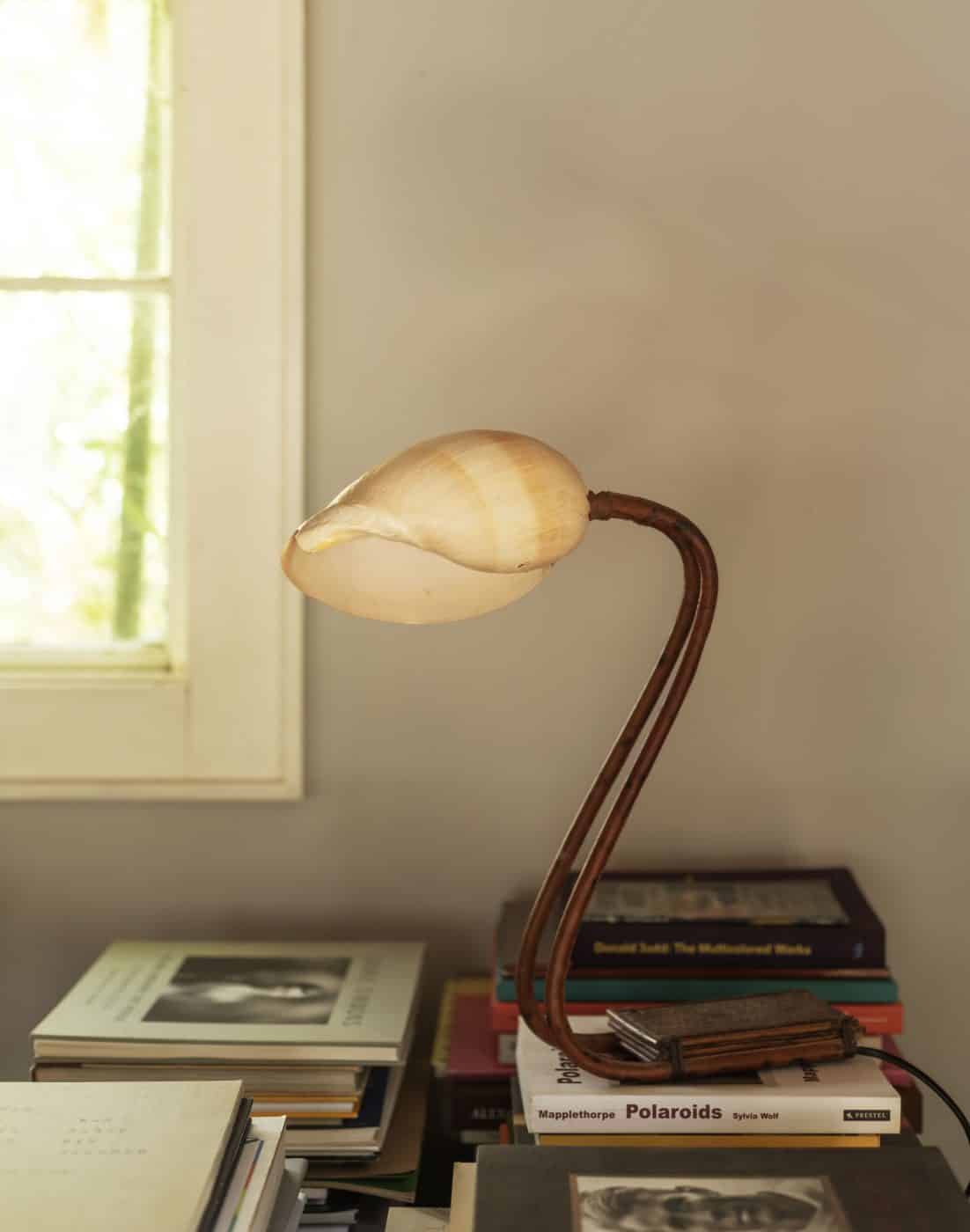 leather, rattan and shell lamp on stack of books