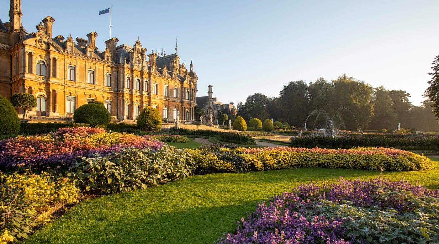 England's turreted French chateaux style Waddesdon Manor and formal gardens and fountains