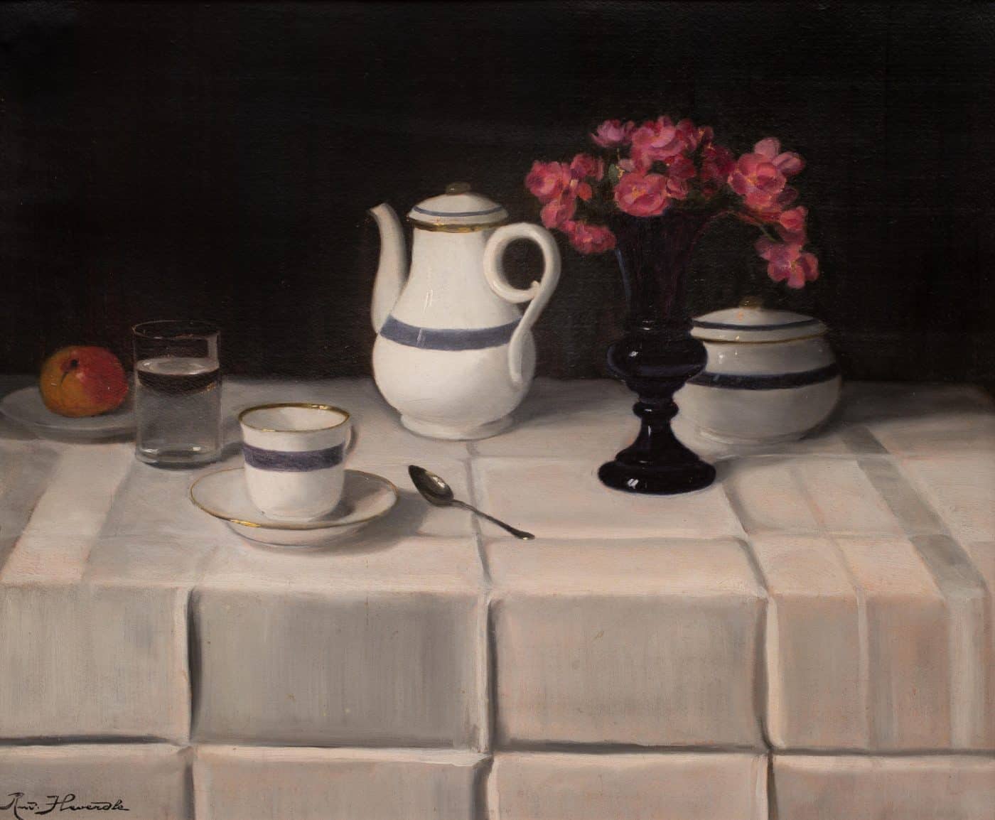 Still life by Hungarian painter Rudolf Heverdle depicting a table with a white table cloth, a gilt-rimmed coffee or tea set and a black vase with pink flowers
