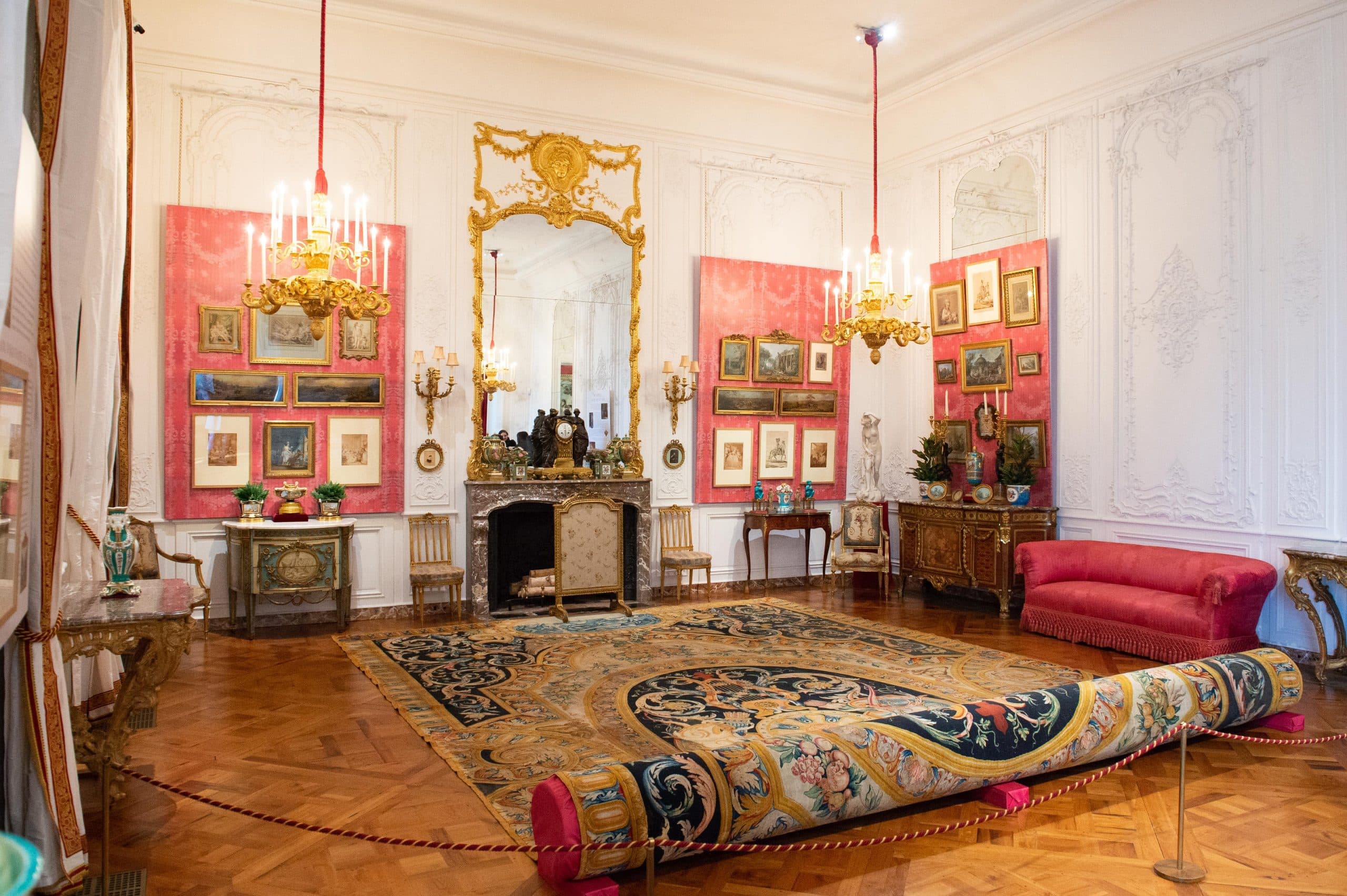 View of recreation of the Red Sitting Room at Waddesdon Manor featuring French decor part of the show "Alice's Wonderlands" about Alice de Rothschild England